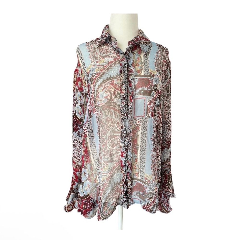 Tess Studio 100% Silk Sheer Paisley Print Button-Up Blouse SZ 14 Excellent Condi